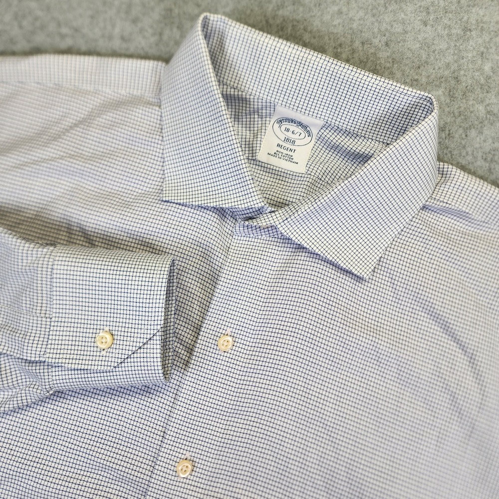 Brooks Brothers Regent Dress Shirt Men 18 6/7 Long Sleeve Check Plaid White Blue